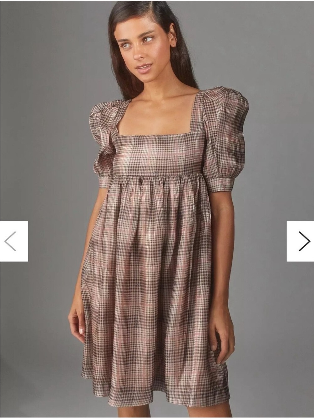 En Saison Plaid Puff-Sleeve Square Neck Mini Dress Size Small